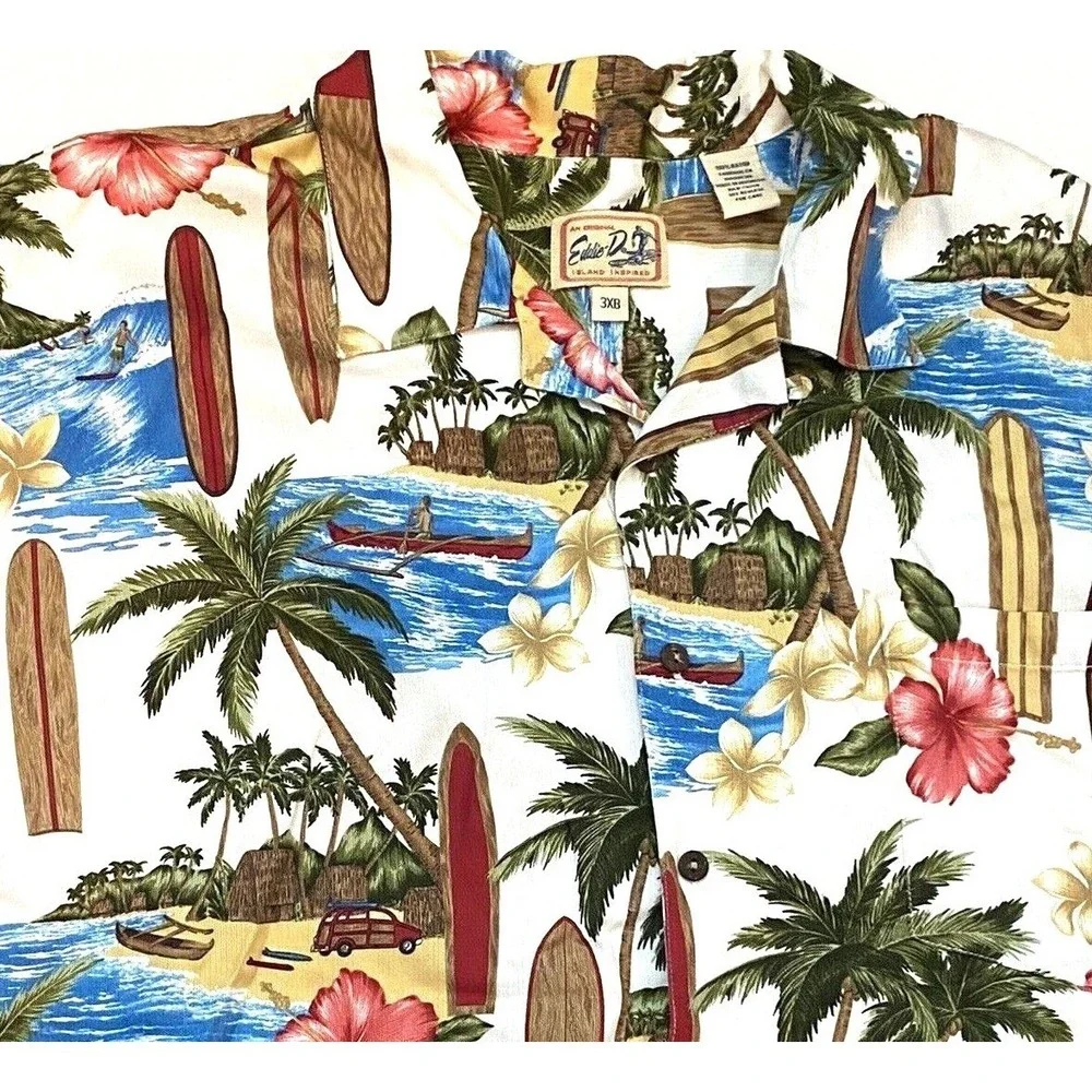 Vtg Eddie D Mens Hawaiian Shir 3XB Short Sleeve 100% Rayon Coconut Shell Buttons